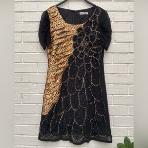 YBKCP women’s Black Brown embroidered and beaded silk blend knee length dress